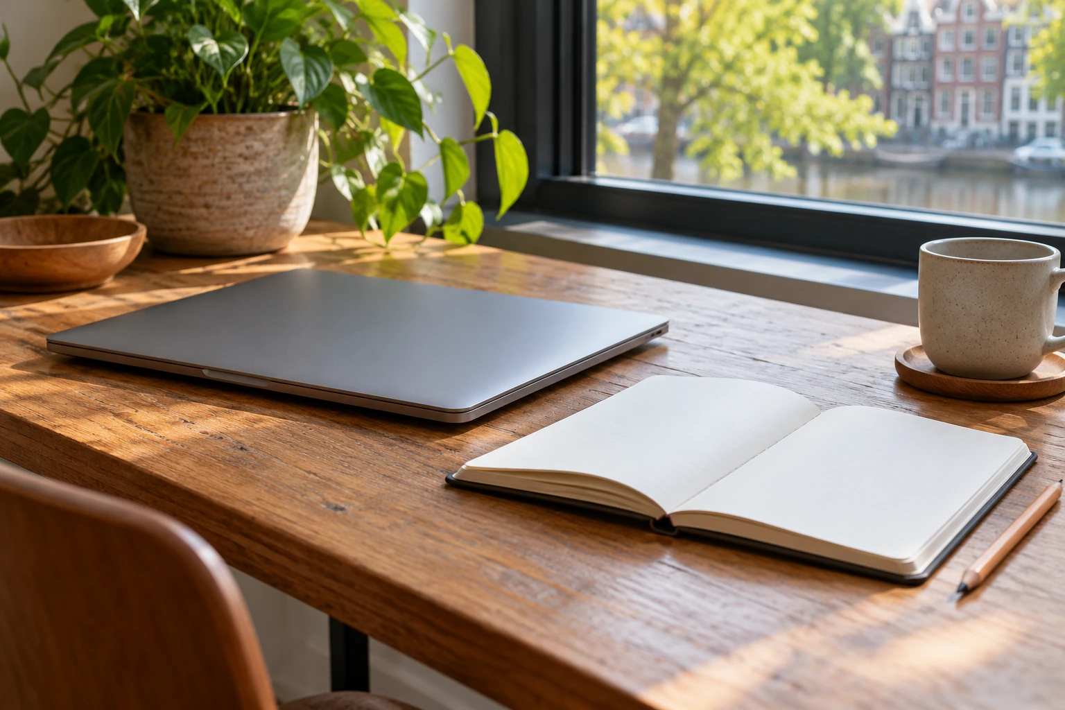 Laptop, open notitieboek, potlood en mok op houten bureau bij raam