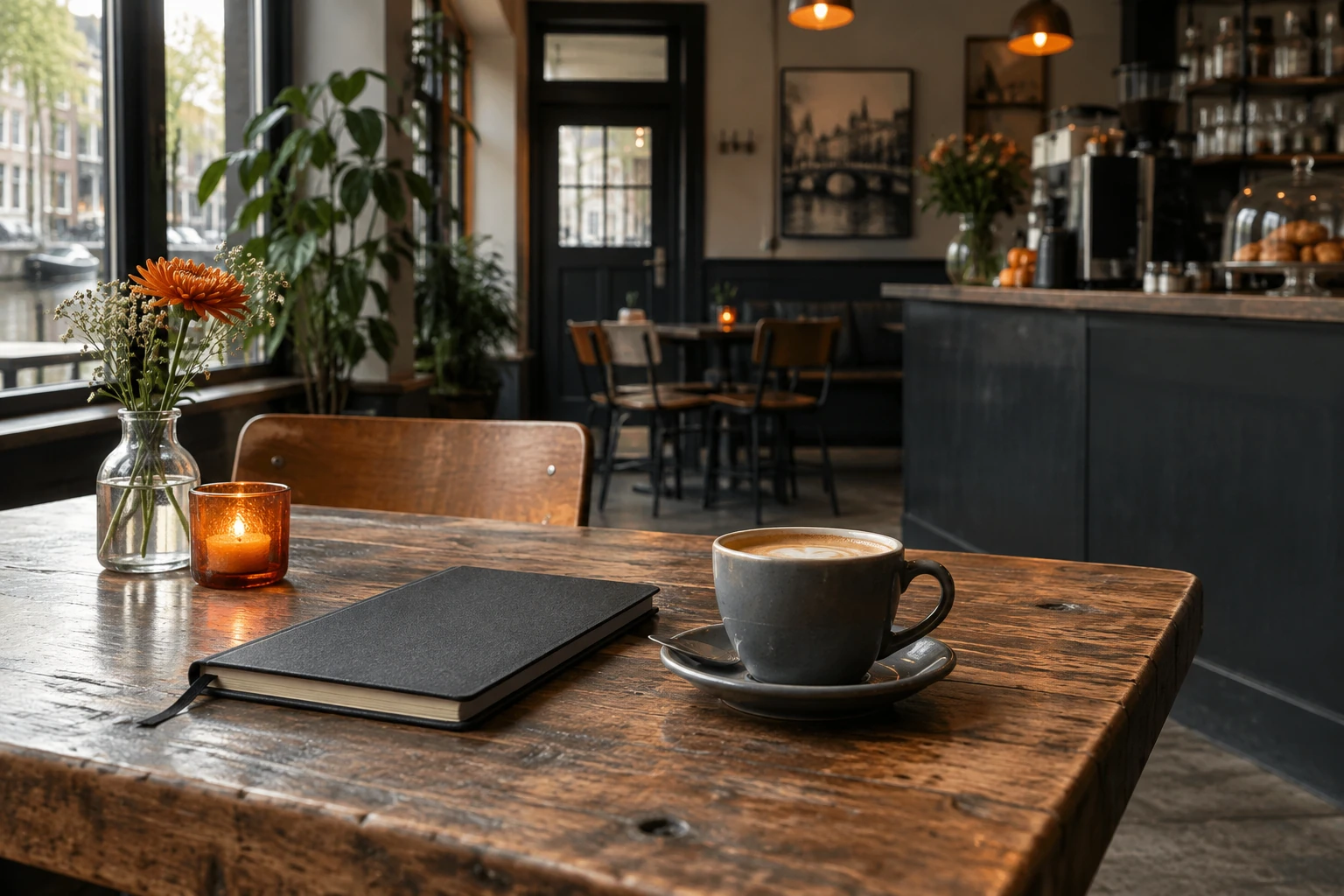 Koffiekopje en gesloten notitieboek op houten tafeltje in sfeervol café interieur