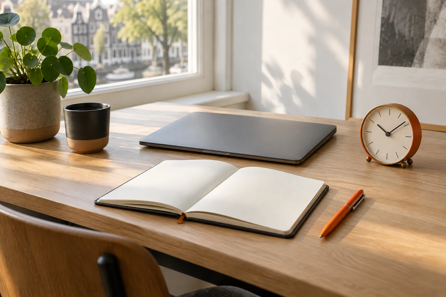 Opengeslagen notitieboek, pen, gesloten laptop en wekker op houten bureau bij raam