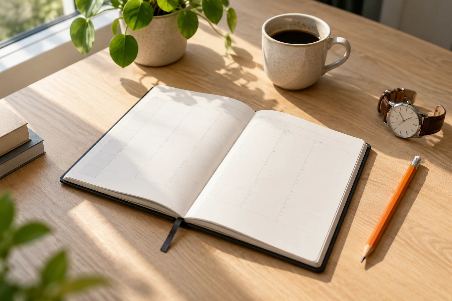 Open notitieboek op houten tafel met potlood, kop koffie, horloge en plant zichtbaar