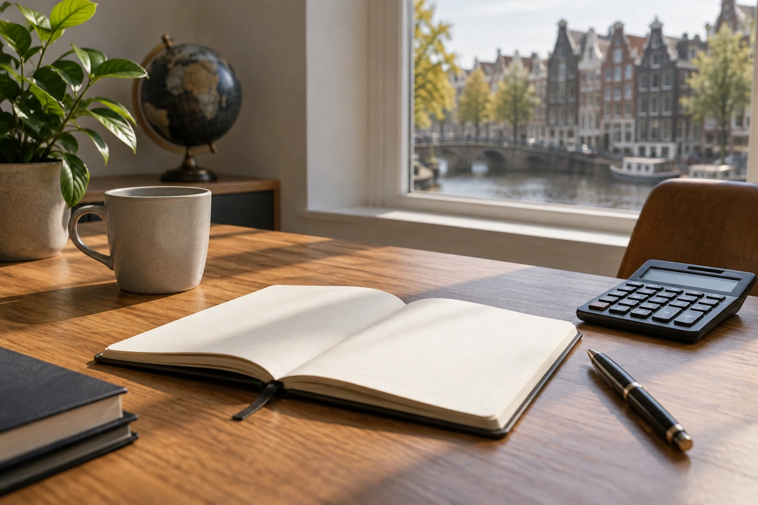 Open notitieboek met pen, rekenmachine, mok en wereldbol op bureau bij raam